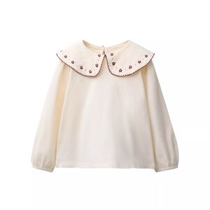 Zara Long-Sleeve Peter Pan Collar Top with Embroidered Trim